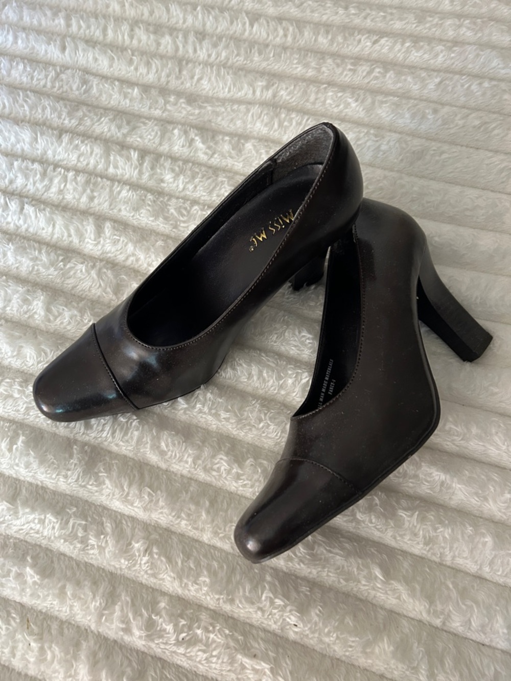 Miss Me Brown Leather Block Heel Pumps